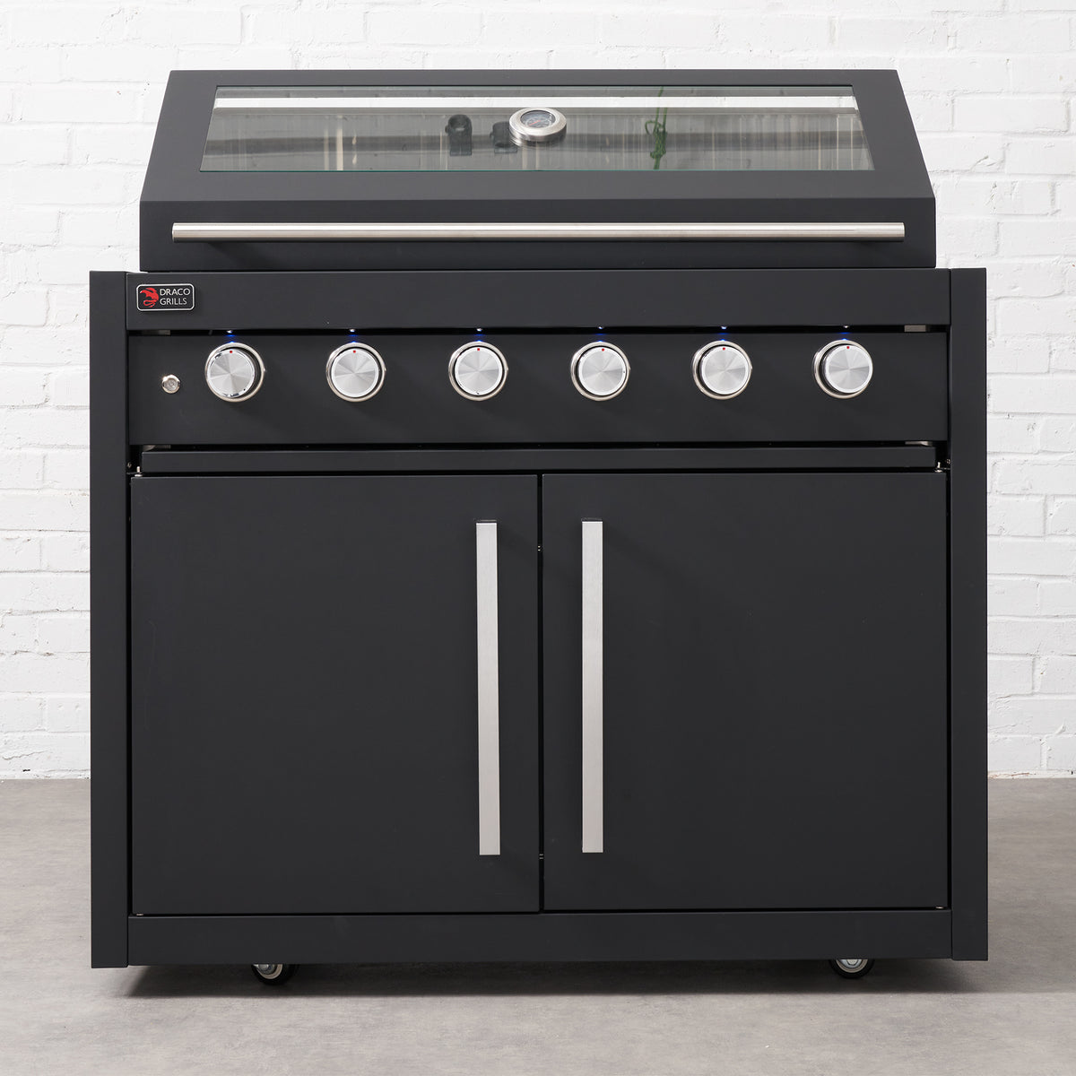 Draco Grills Fusion 6 Burner Black Outdoor Kitchen with Modular Side Burner and Double Fridge