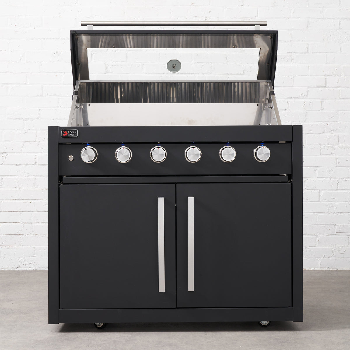 Draco Grills Fusion 6 Burner Black Outdoor Kitchen with Modular Side Burner, Double Fridge, 90 Degree Corner, Double Cupboard