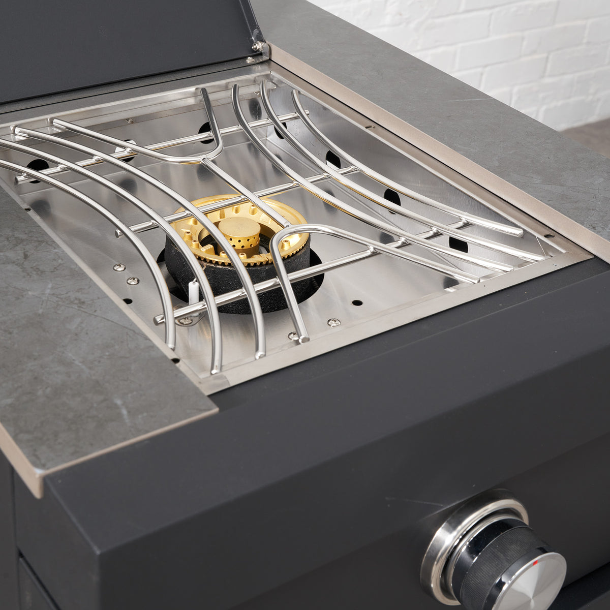Draco Grills Fusion 6 Burner Black Outdoor Kitchen with Modular Side Burner, Single Fridge, 90 Degree Corner, Double Cupboard