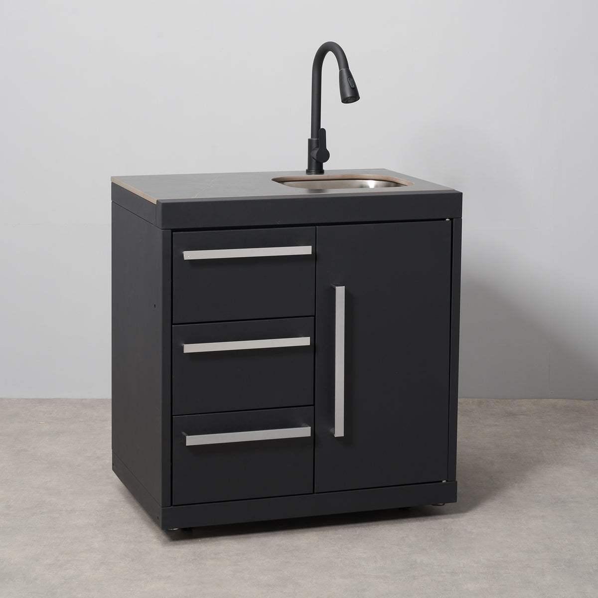 Draco Grills Fusion Outdoor Kitchen Black Sink and 3 Drawer Cabinet with Sintered Stone Top