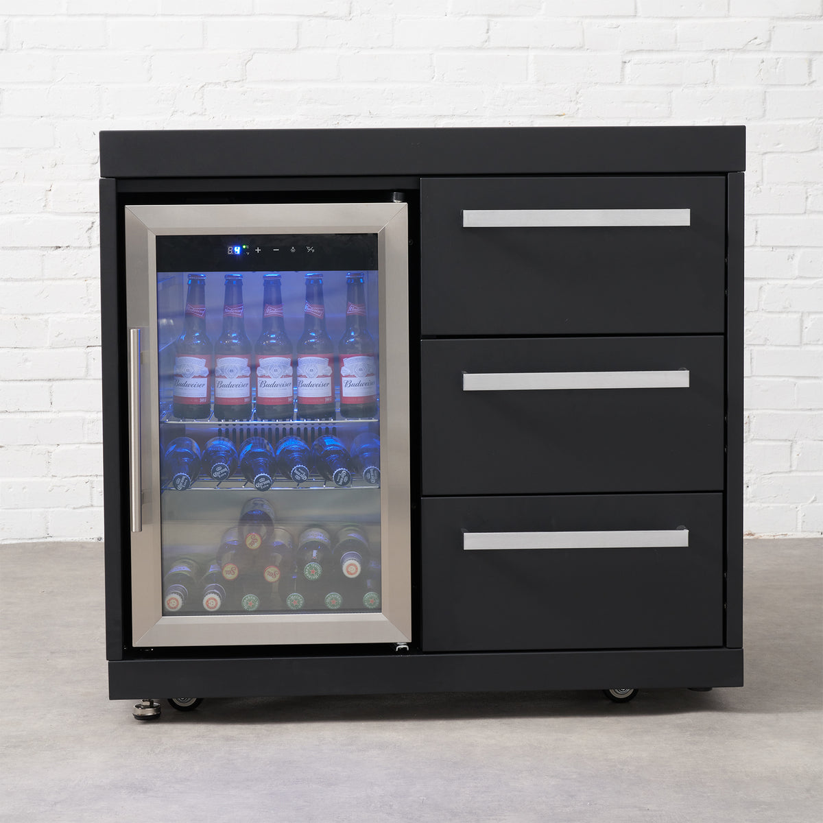 Draco Grills Fusion Outdoor Kitchen Black Fridge and 3 Drawer Cabinet with Sintered Stone Top
