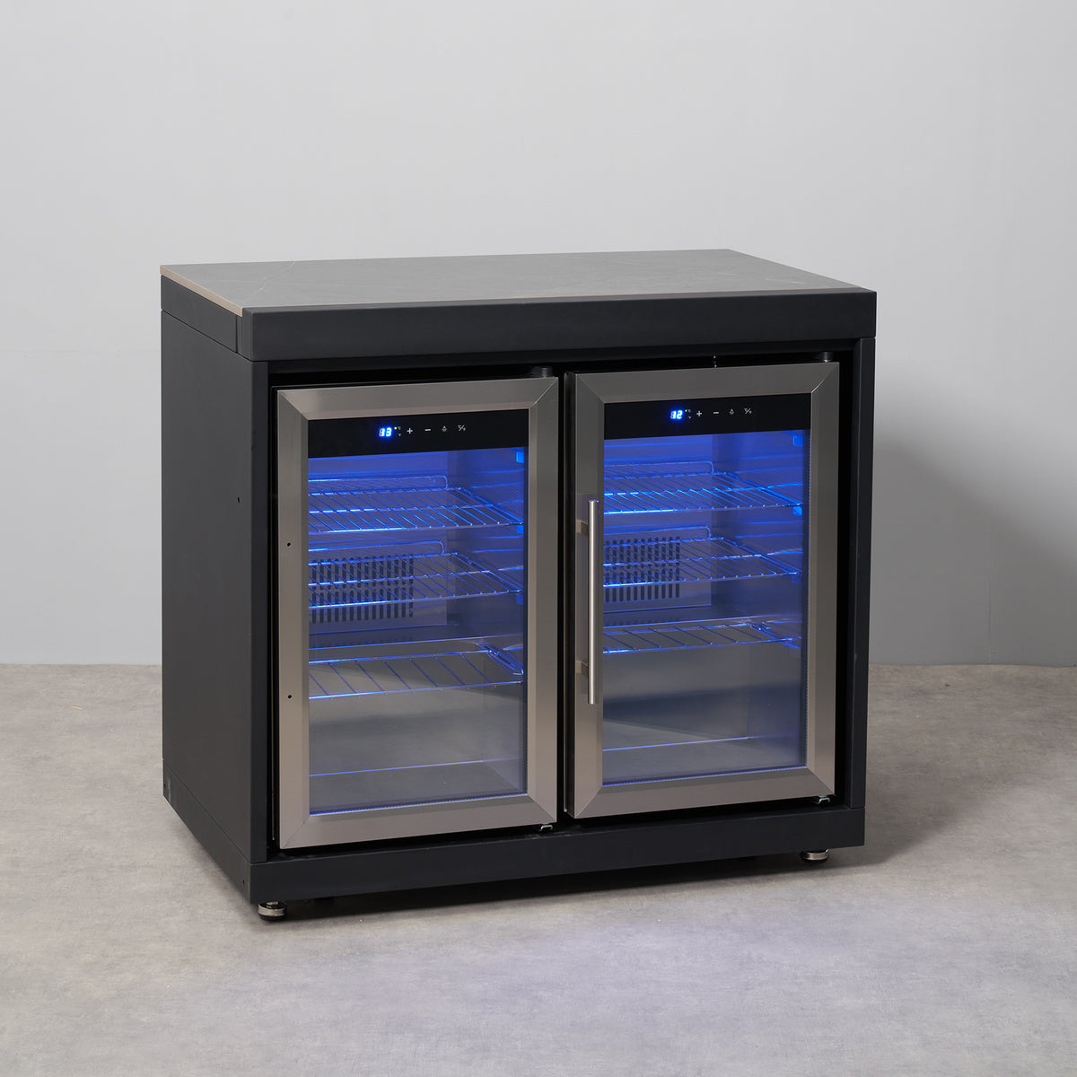 Draco Grills Fusion Outdoor Kitchen Black Double Fridge Cabinet with Sintered Stone Top