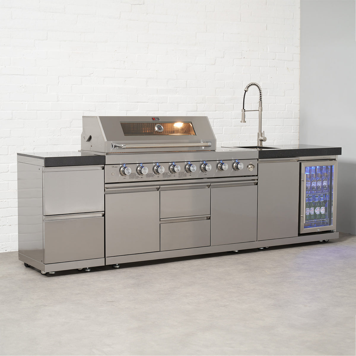 Draco Grills 6 Burner BBQ Modular Outdoor Kitchen with Double Drawers, Single Fridge and Sink Unit
