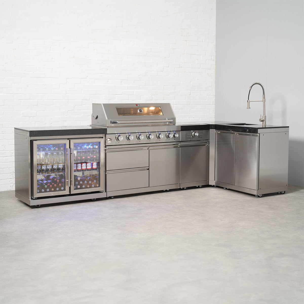 Draco Grills 6 Burner BBQ Modular Outdoor Kitchen with Sear Station, Double Fridge and Sink