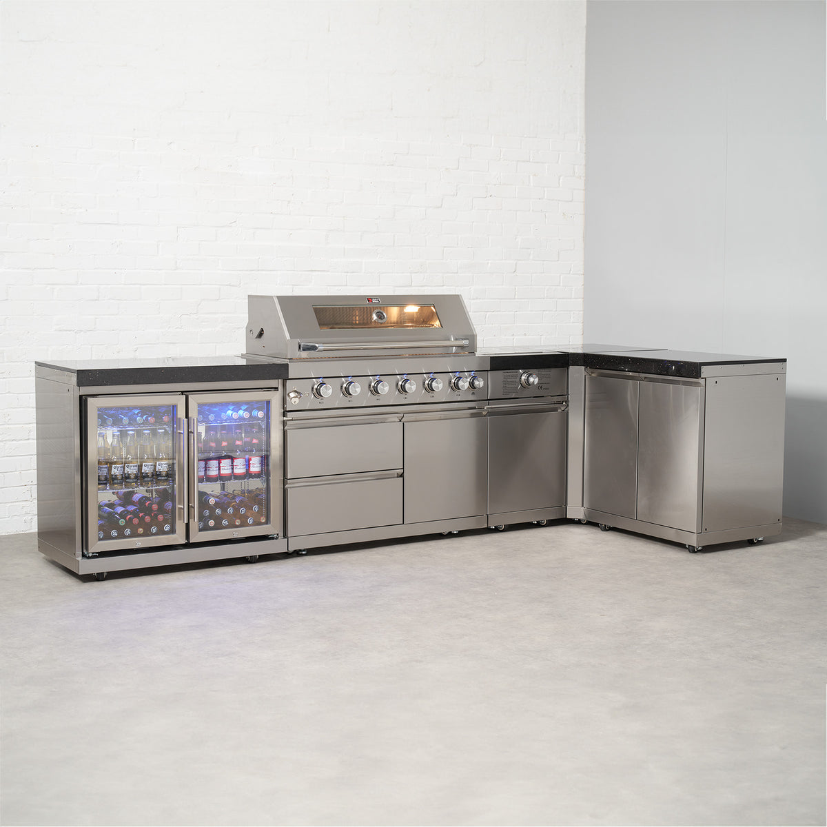 Draco Grills 6 Burner BBQ Modular Outdoor Kitchen with Sear Station, Double Cupboard and Double Fridge