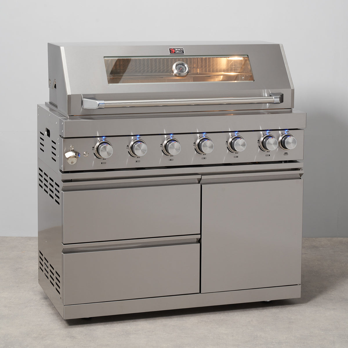 Draco Grills 6 Burner BBQ Modular Outdoor Kitchen with Sear Station and Double Fridge Unit