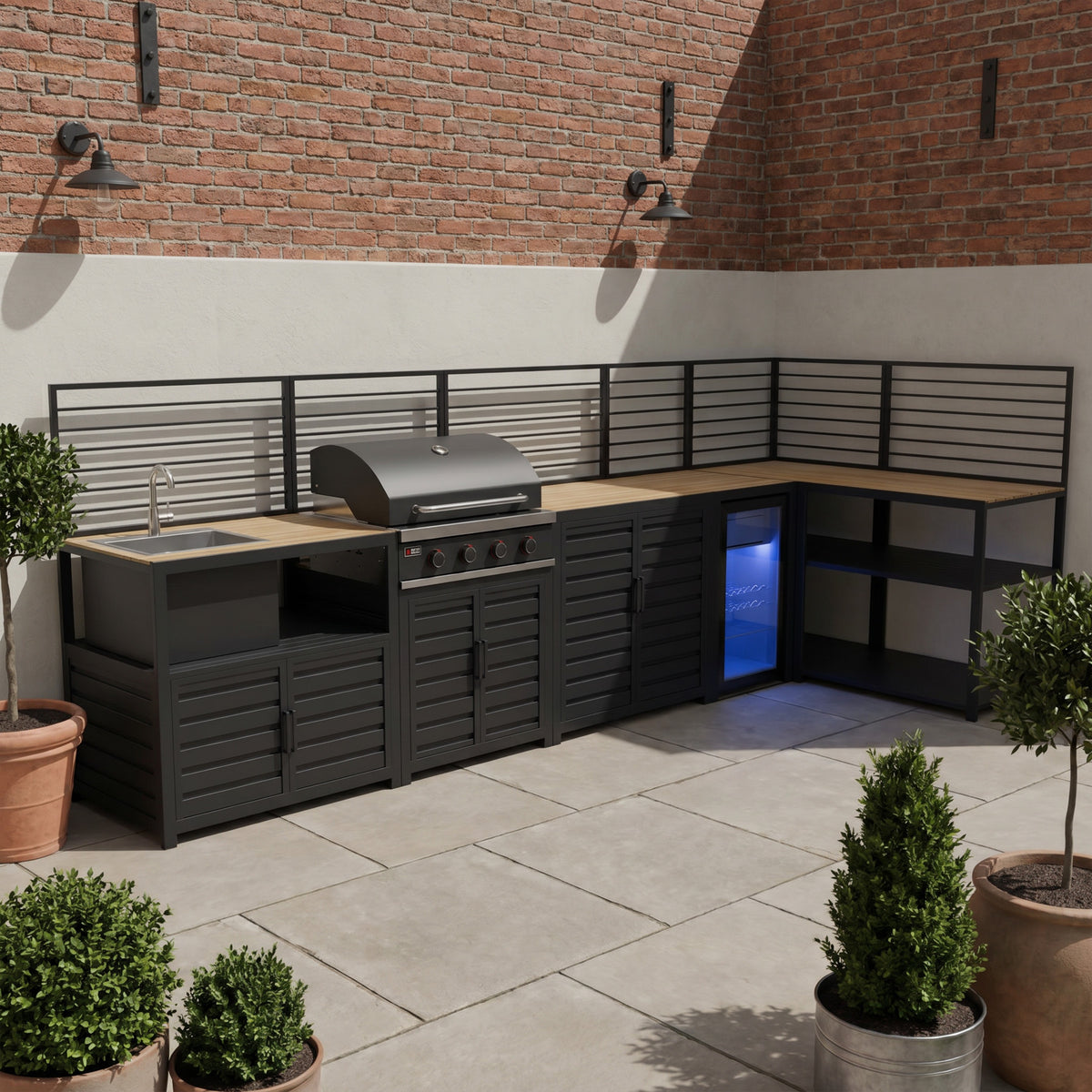 Draco Grills Scandic Modular 4 Burner Barbecue Cabinet with Cupboard Shelf Sink Fridge & Corner
