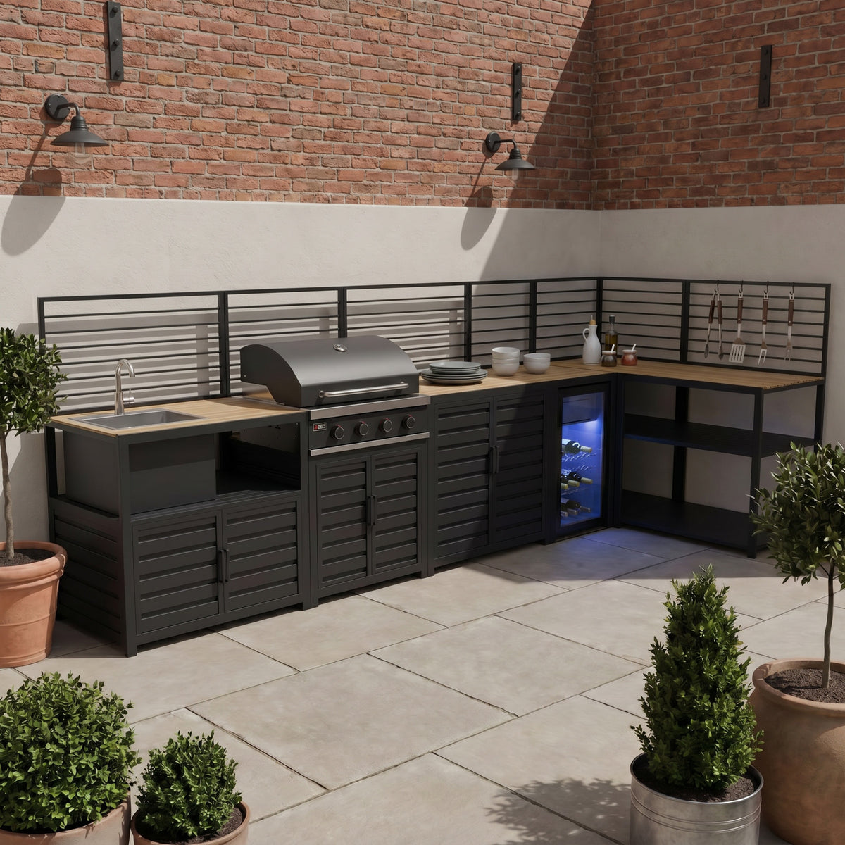 Draco Grills Scandic Modular 4 Burner Barbecue Cabinet with Cupboard Shelf Sink Fridge & Corner