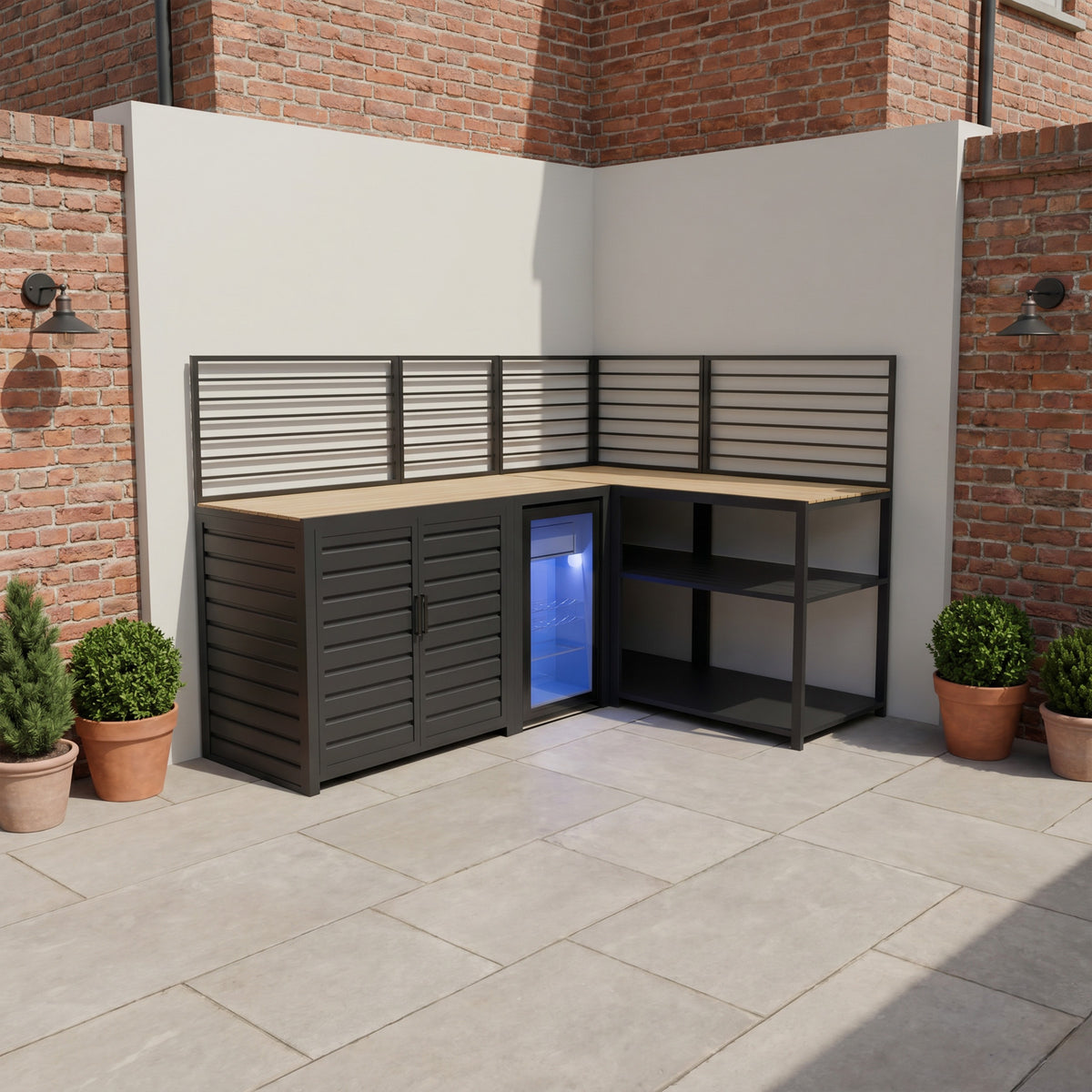 Draco Grills Scandic Modular Outdoor Kitchen with Double Cupboard Shelf Fridge & Corner Cabinet