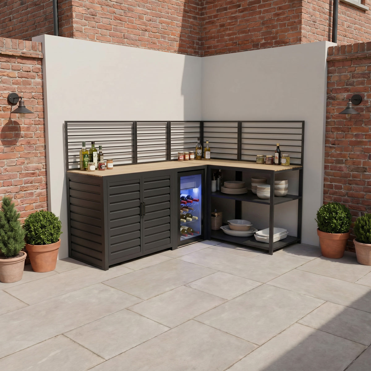 Draco Grills Scandic Modular Outdoor Kitchen with Double Cupboard Shelf Fridge & Corner Cabinet