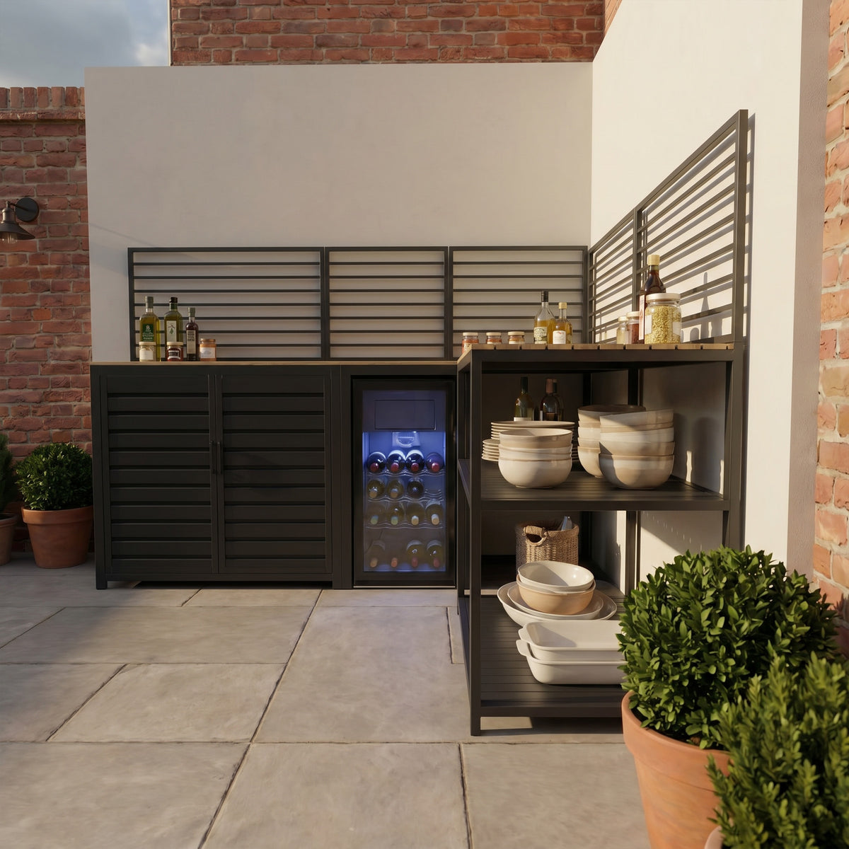Draco Grills Scandic Modular Outdoor Kitchen with Double Cupboard Shelf Fridge & Corner Cabinet