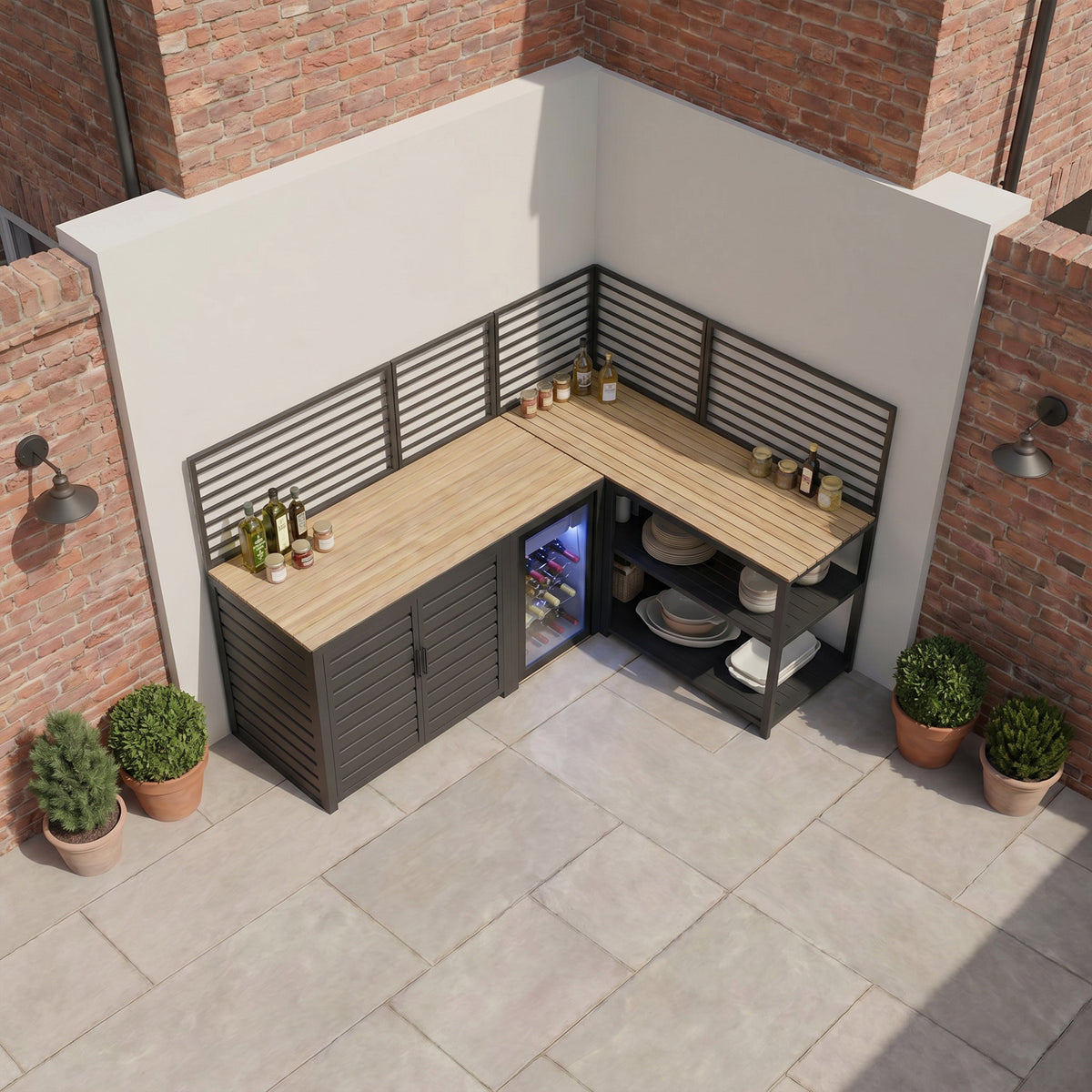 Draco Grills Scandic Modular Outdoor Kitchen with Double Cupboard Shelf Fridge & Corner Cabinet