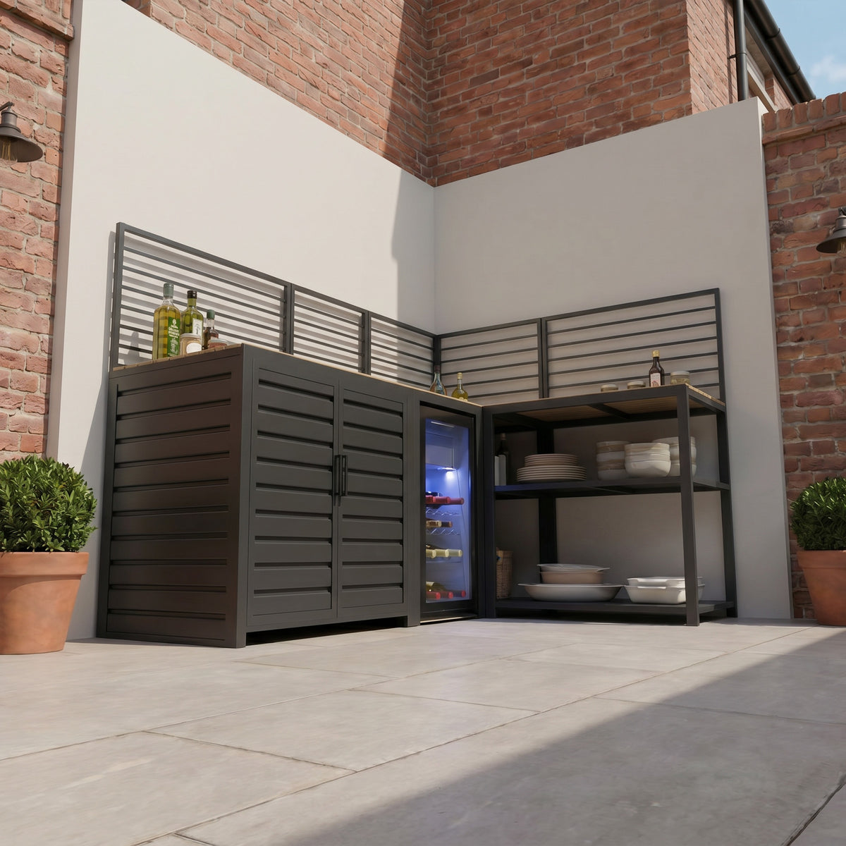 Draco Grills Scandic Modular Outdoor Kitchen with Double Cupboard Shelf Fridge & Corner Cabinet