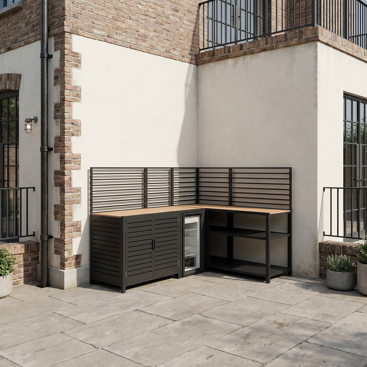 Draco Grills Scandic Modular Outdoor Kitchen with Double Cupboard Shelf Fridge & Corner Cabinet