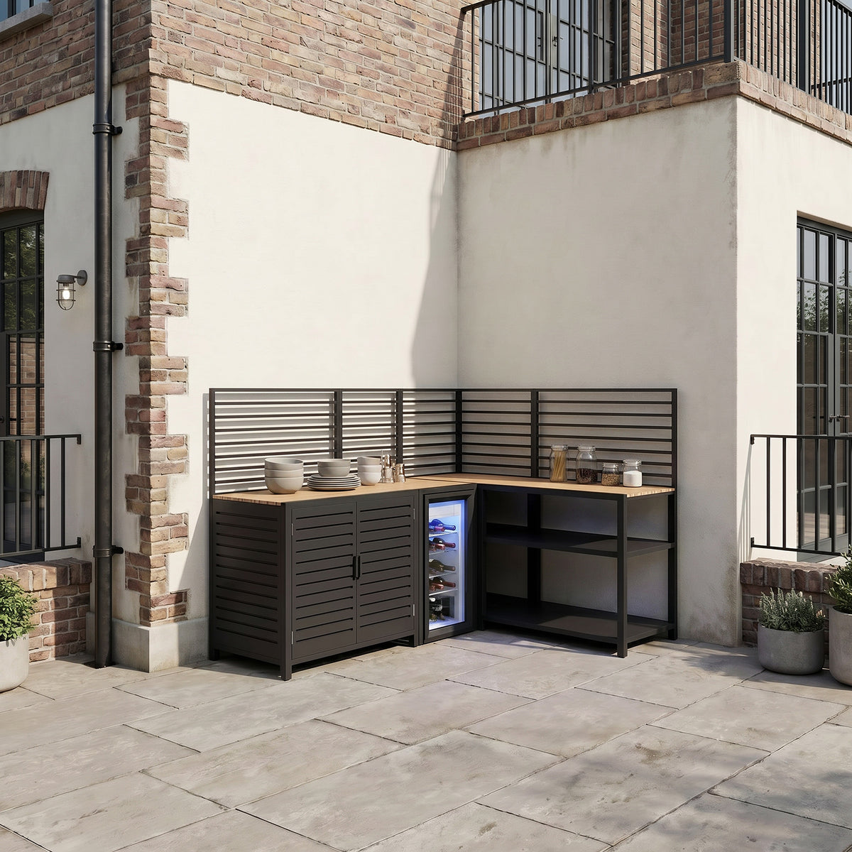 Draco Grills Scandic Modular Outdoor Kitchen with Double Cupboard Shelf Fridge & Corner Cabinet