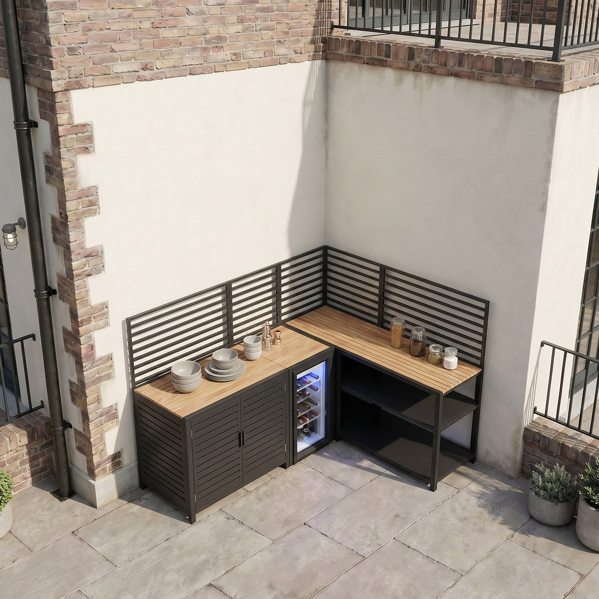 Draco Grills Scandic Modular Outdoor Kitchen with Double Cupboard Shelf Fridge & Corner Cabinet
