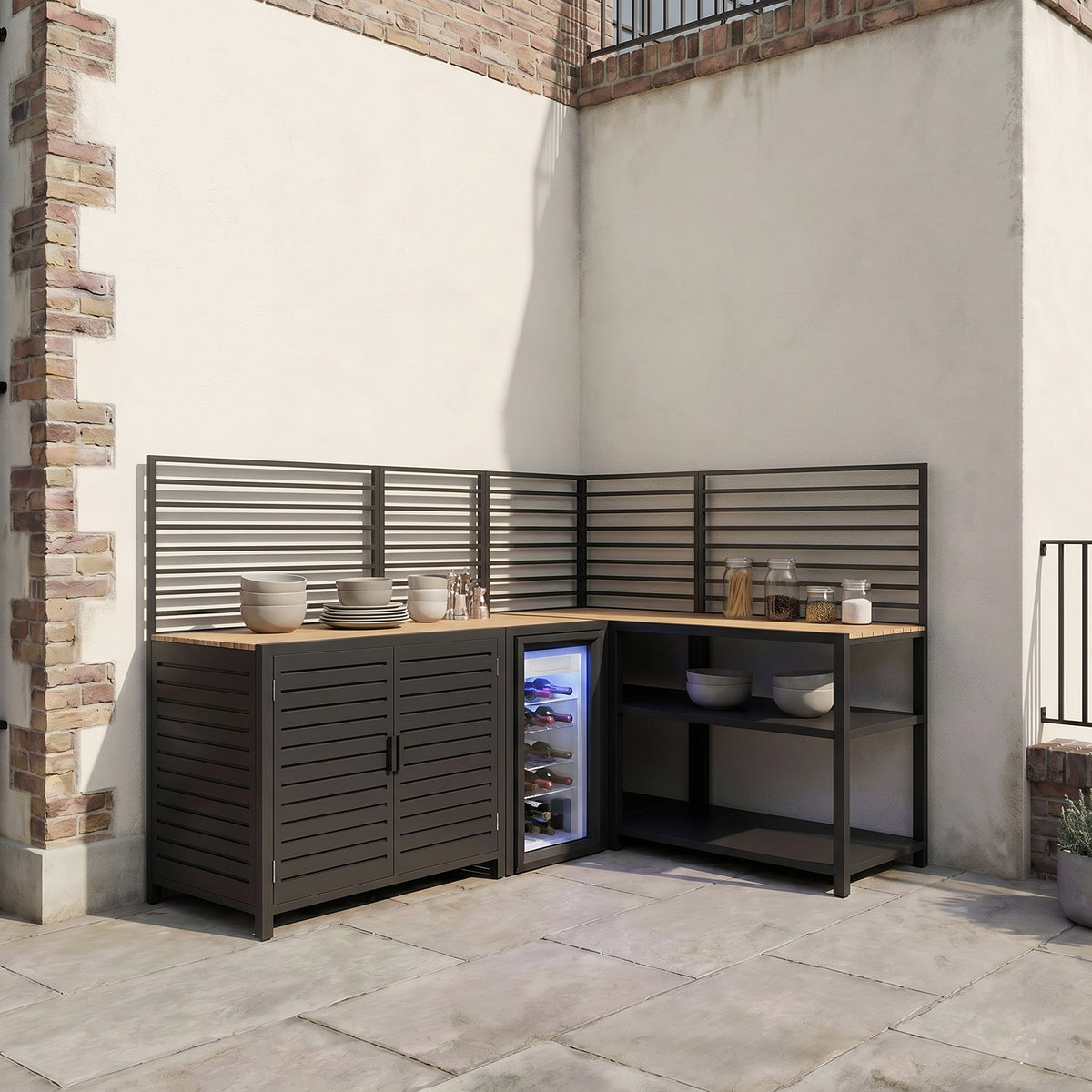 Draco Grills Scandic Modular Outdoor Kitchen with Double Cupboard Shelf Fridge & Corner Cabinet