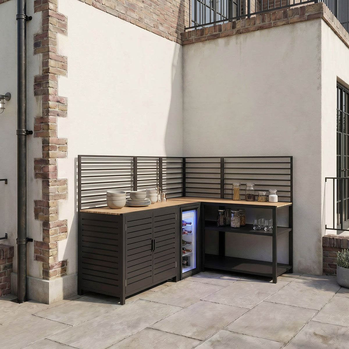 Draco Grills Scandic Modular Outdoor Kitchen with Double Cupboard Shelf Fridge & Corner Cabinet