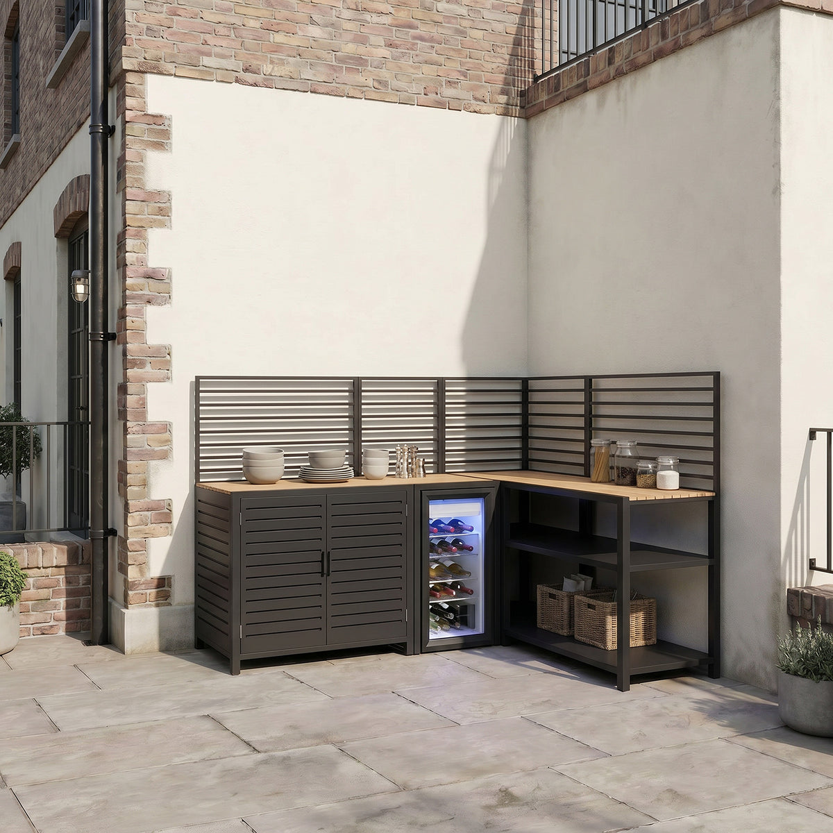 Draco Grills Scandic Modular Outdoor Kitchen with Double Cupboard Shelf Fridge & Corner Cabinet