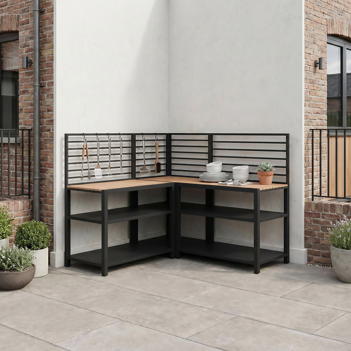 Draco Grills Scandic Modular Outdoor Kitchen with Two Double Shelf Cabinets & Corner Unit