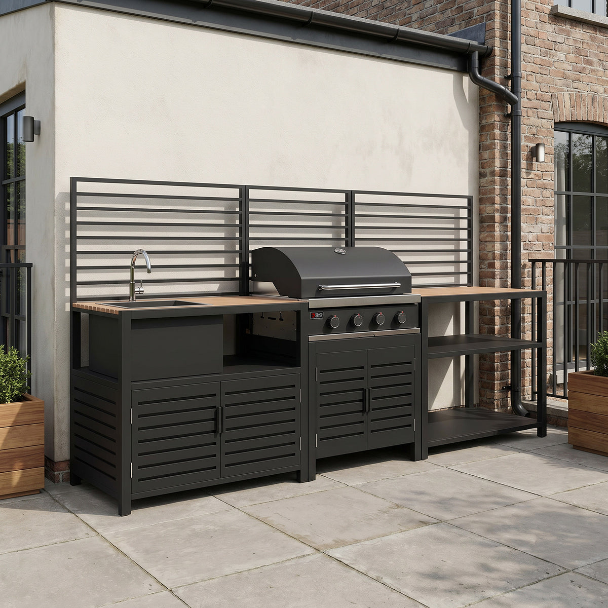 Draco Grills Scandic Modular 4 Burner Barbecue Cabinet with Double Shelf and Sink Unit