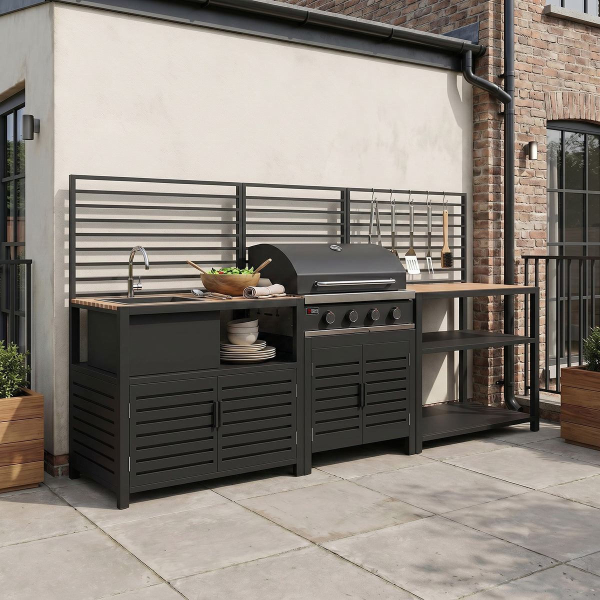 Draco Grills Scandic Modular 4 Burner Barbecue Cabinet with Double Shelf and Sink Unit