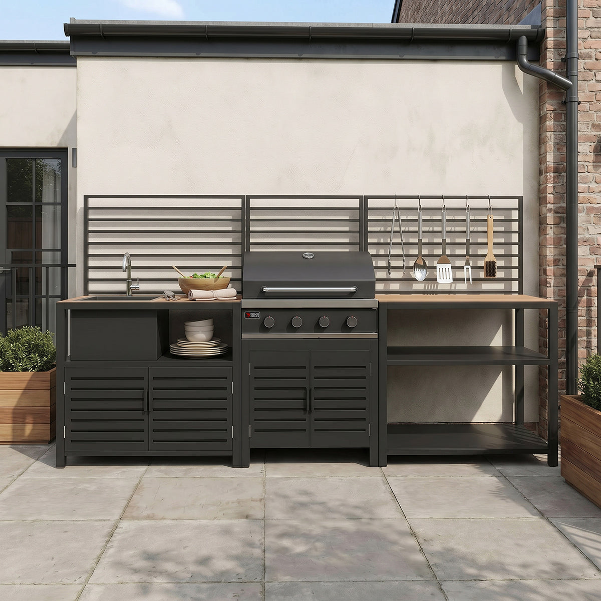Draco Grills Scandic Modular 4 Burner Barbecue Cabinet with Double Shelf and Sink Unit