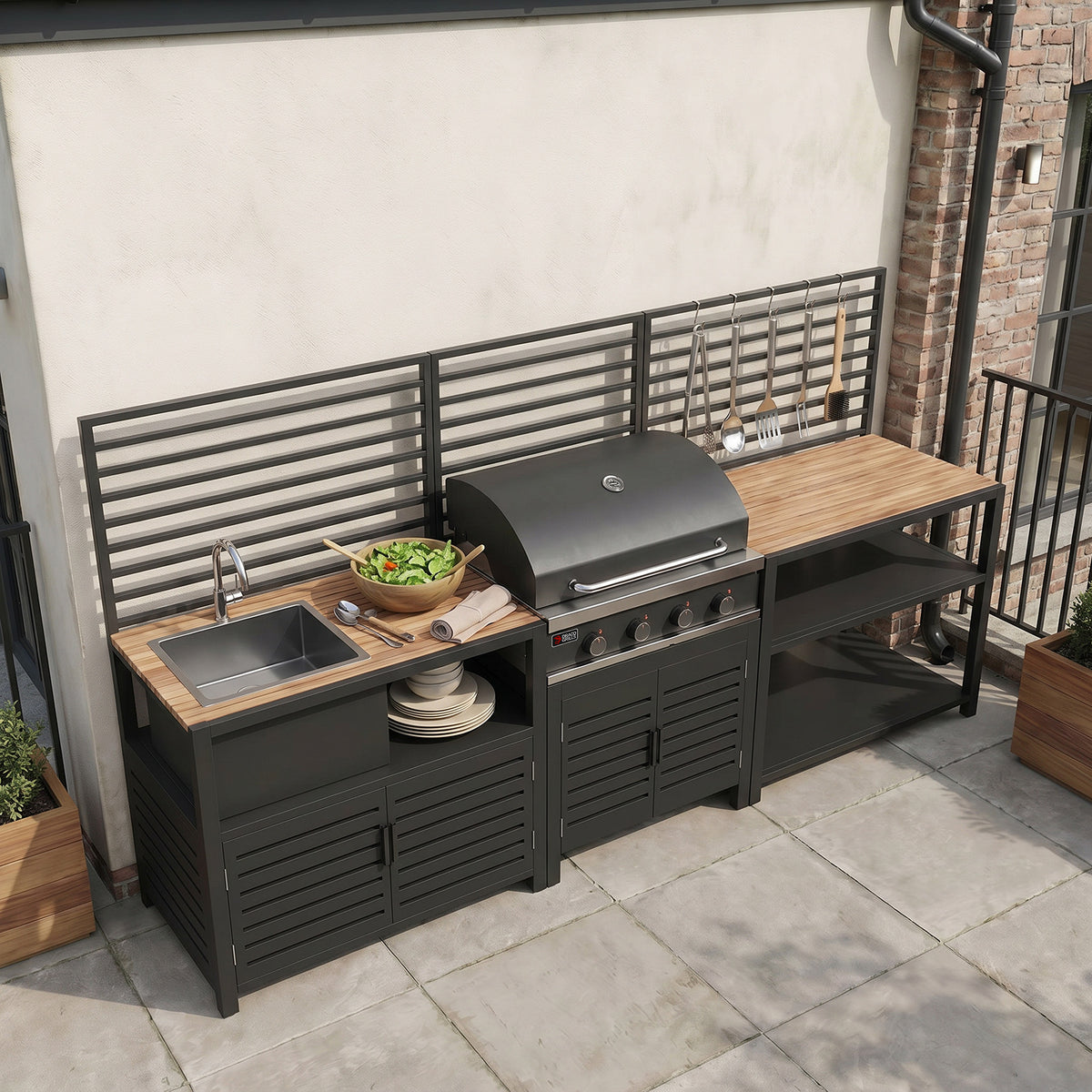Draco Grills Scandic Modular 4 Burner Barbecue Cabinet with Double Shelf and Sink Unit