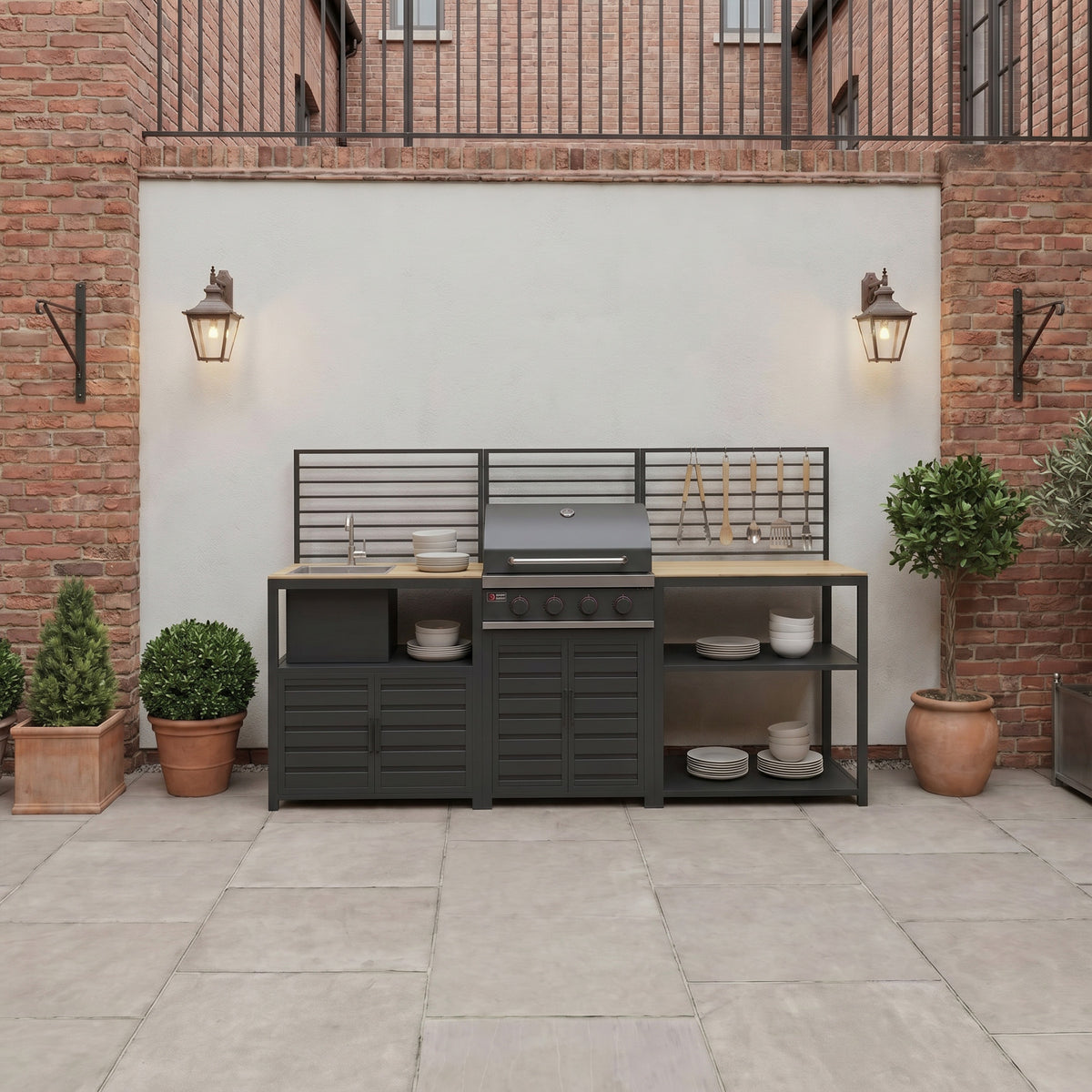 Draco Grills Scandic Modular 4 Burner Barbecue Cabinet with Double Shelf and Sink Unit