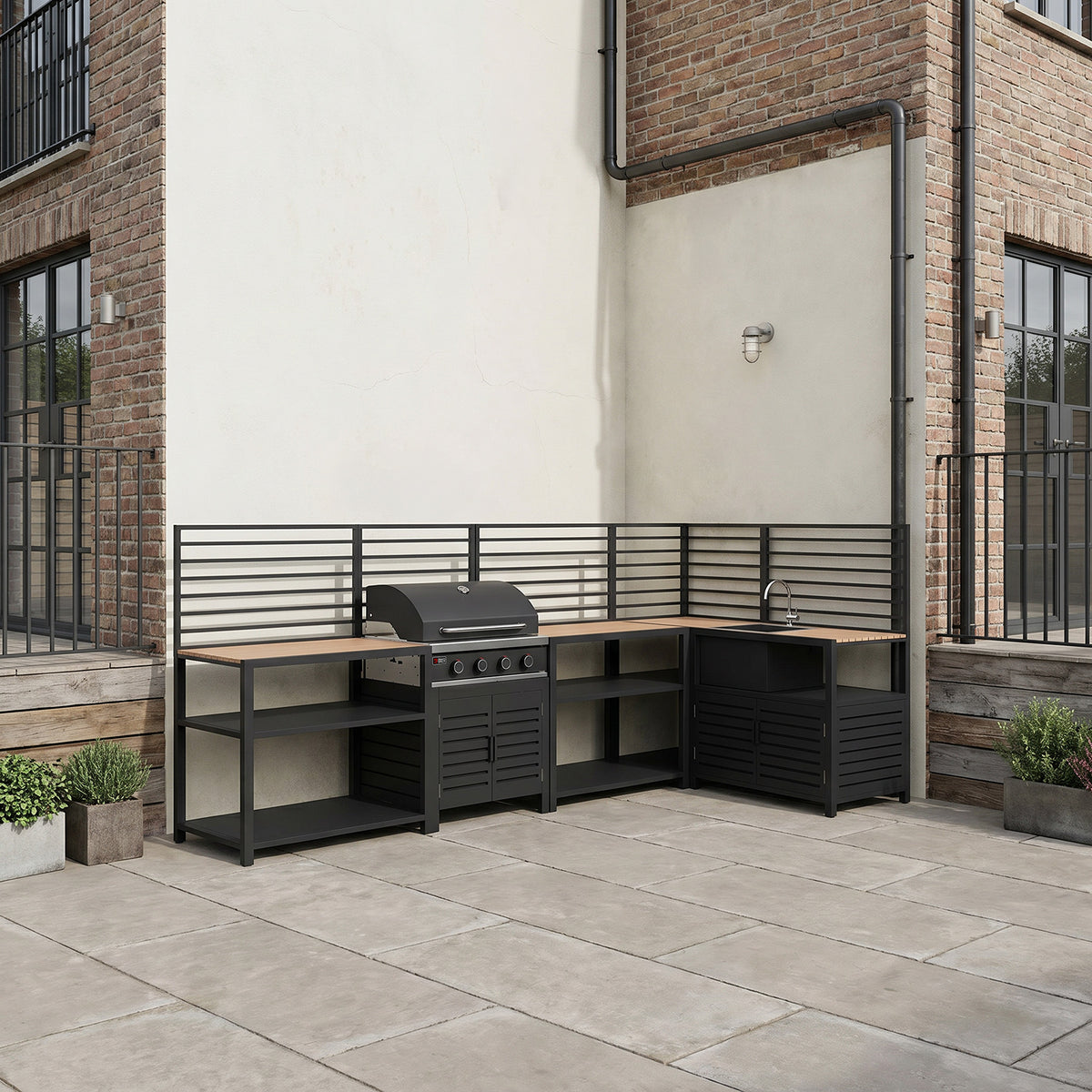 Draco Grills Scandic Modular 4 Burner Barbecue Cabinet with Shelf Units, Sink & Corner