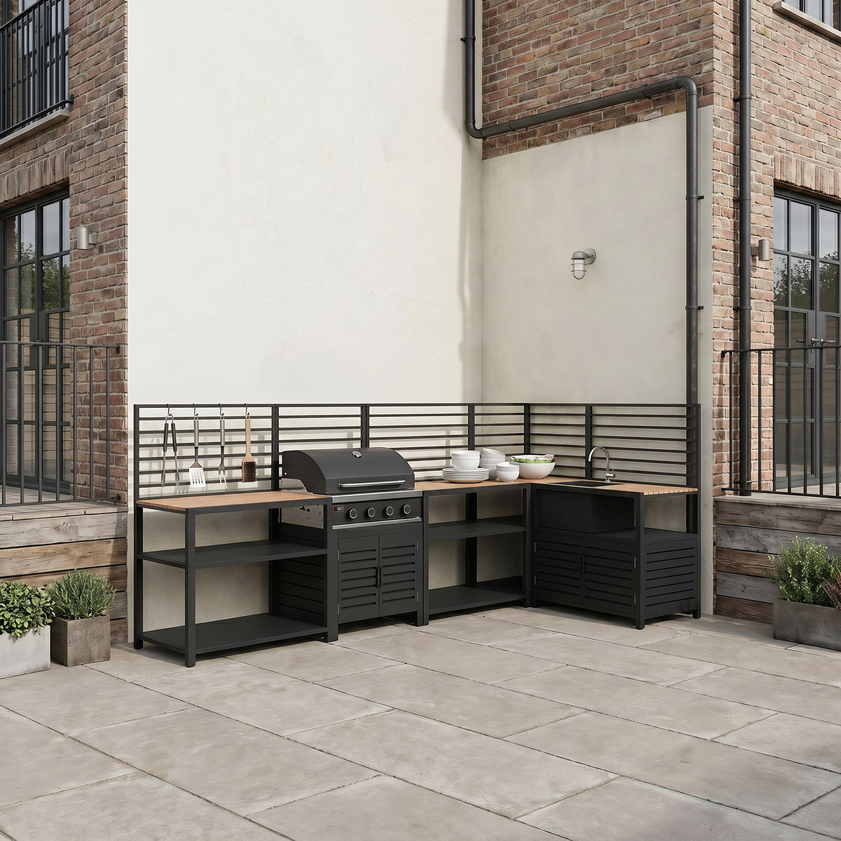 Draco Grills Scandic Modular 4 Burner Barbecue Cabinet with Shelf Units, Sink & Corner