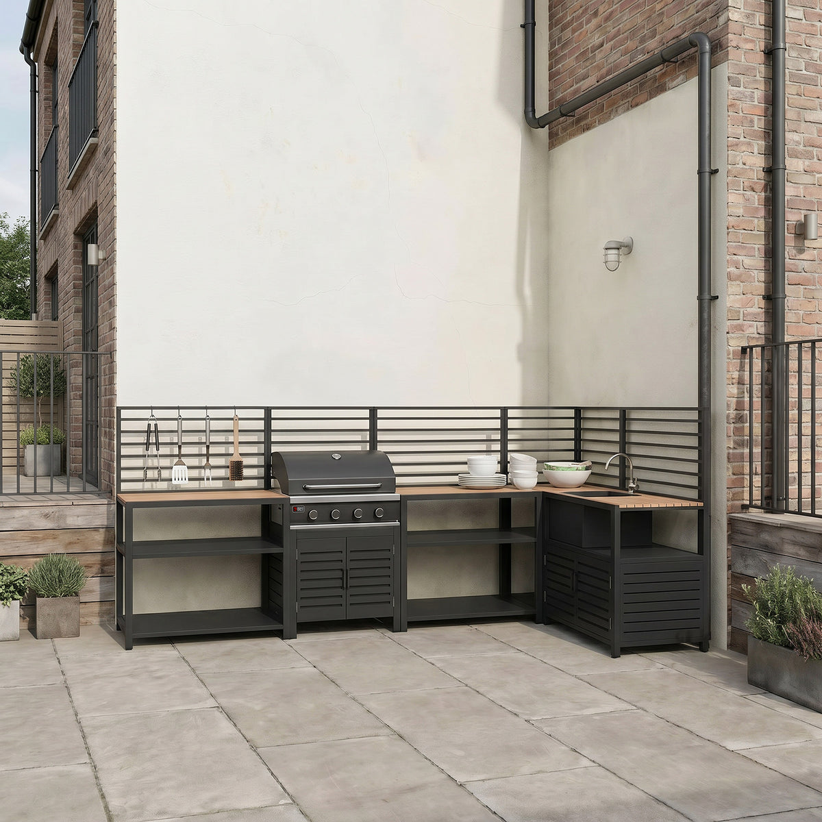 Draco Grills Scandic Modular 4 Burner Barbecue Cabinet with Shelf Units, Sink & Corner
