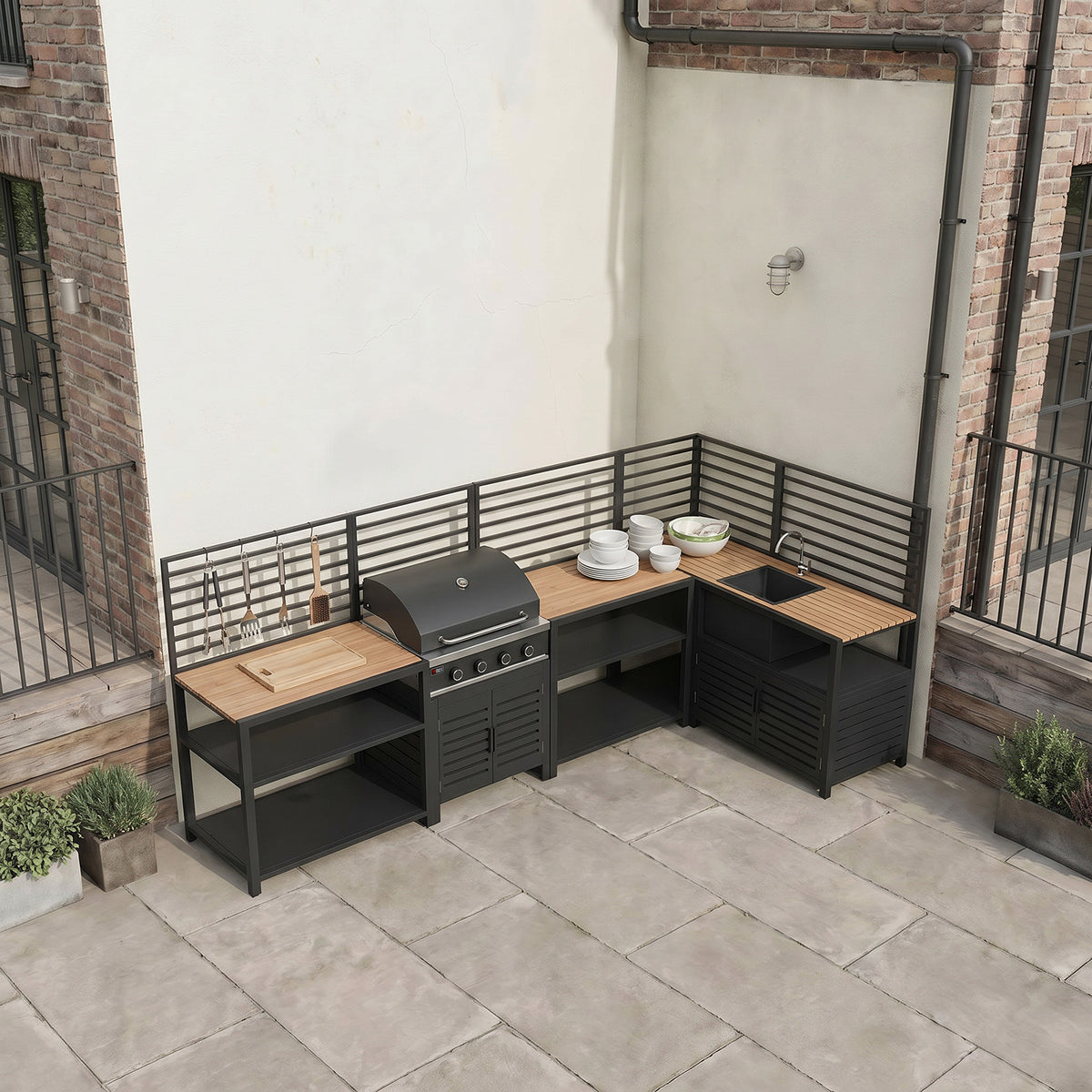 Draco Grills Scandic Modular 4 Burner Barbecue Cabinet with Shelf Units, Sink & Corner