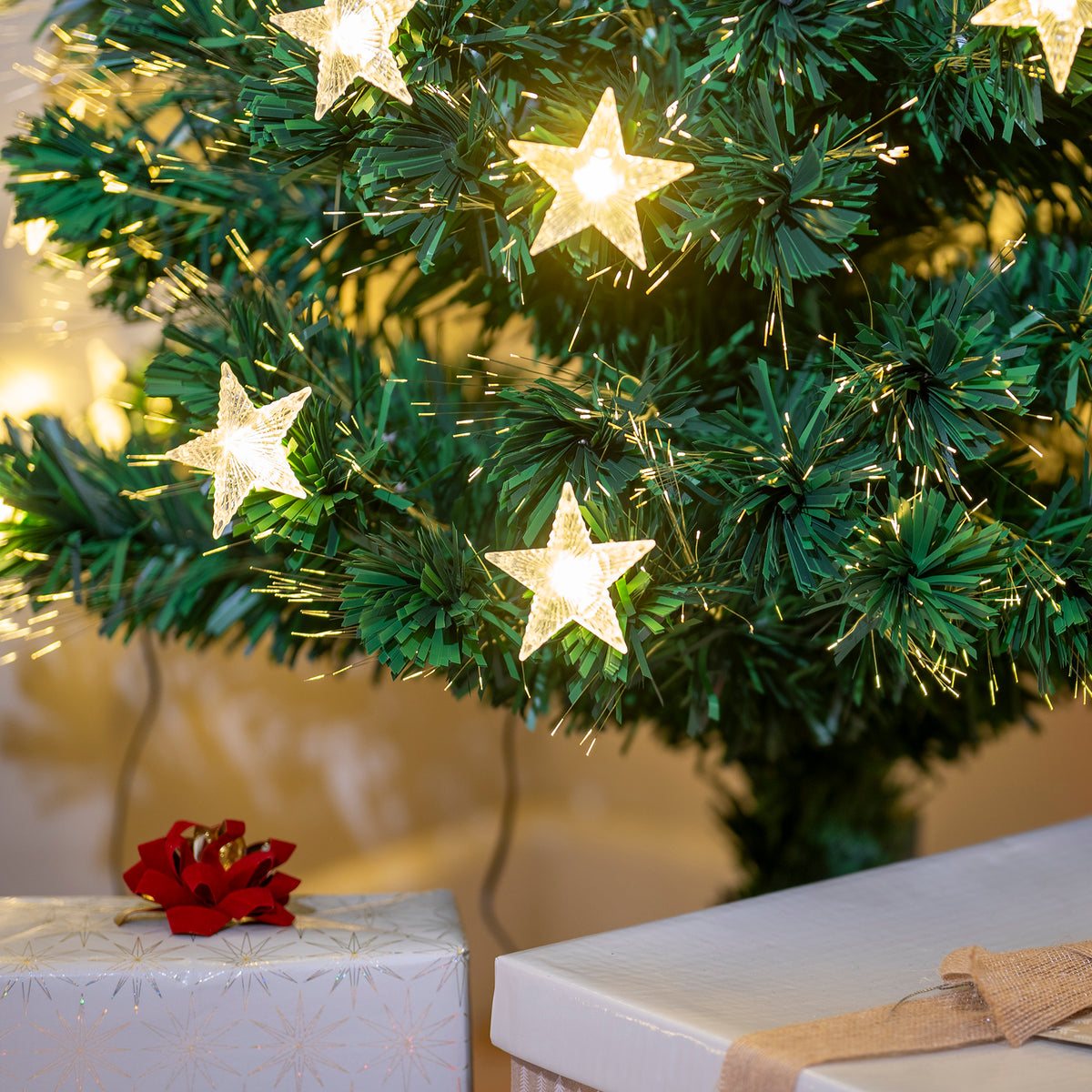 2ft - 6ft Green Fibre Optic Christmas Tree with Warm White Fibre Optics, LED Lights and Stars