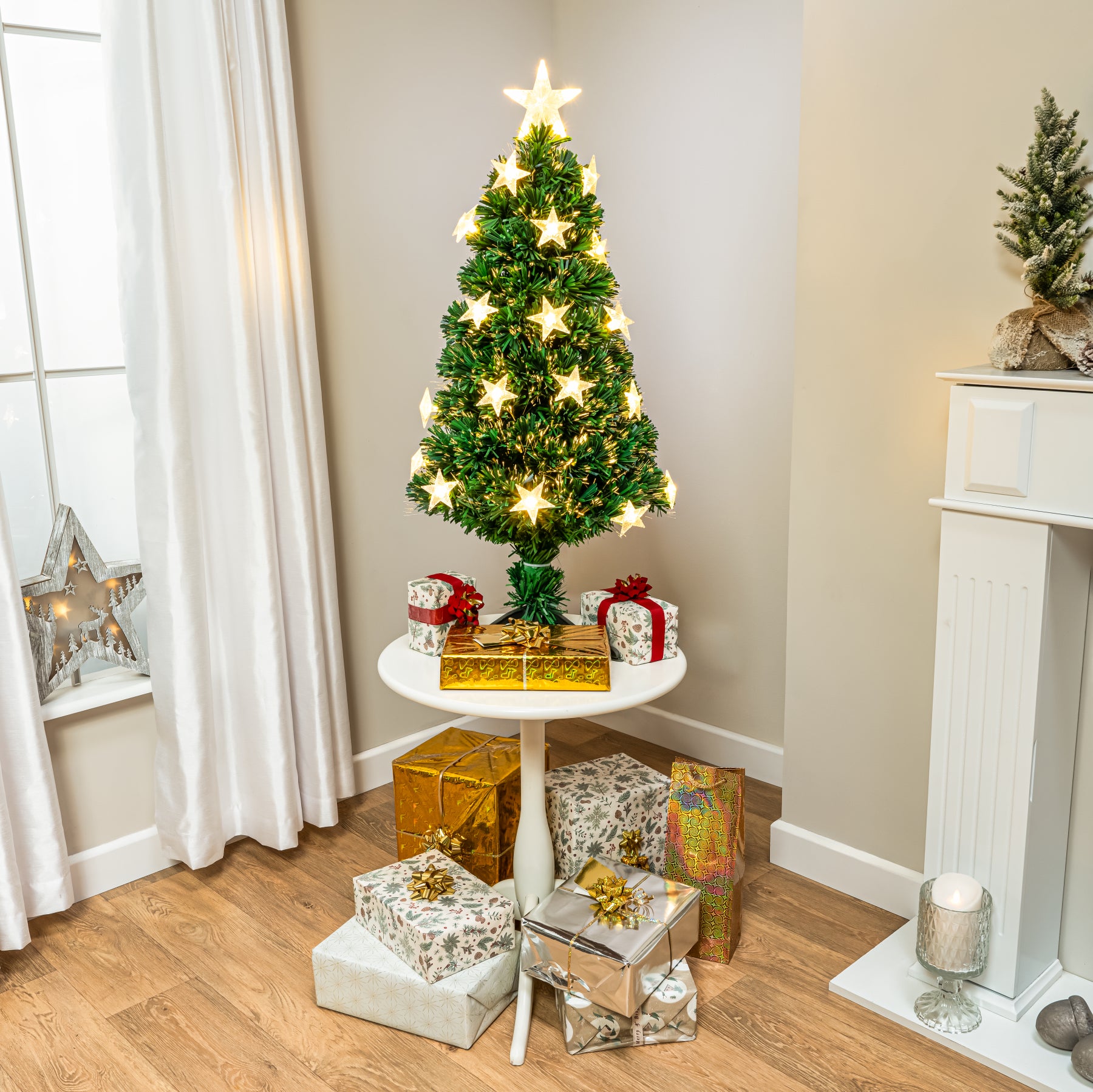 2ft 6ft Green Fibre Optic Christmas Tree with LED Lights & Stars