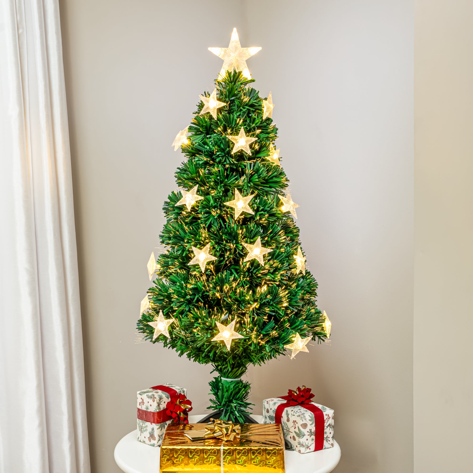 2ft 6ft Green Fibre Optic Christmas Tree with LED Lights & Stars