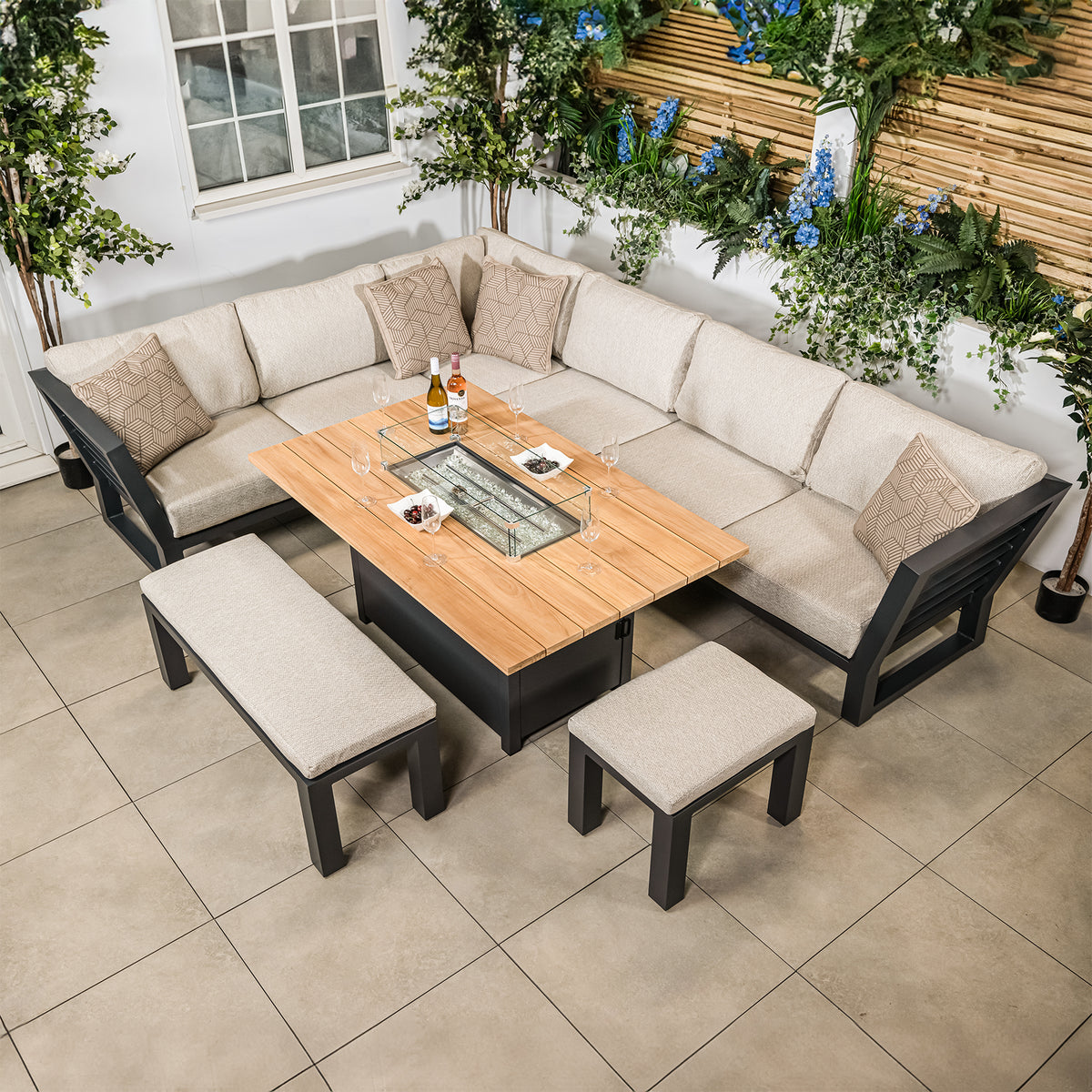 Bracken Outdoors Seattle Aluminium Lounge Corner Garden Furniture Set with Fire Pit Table