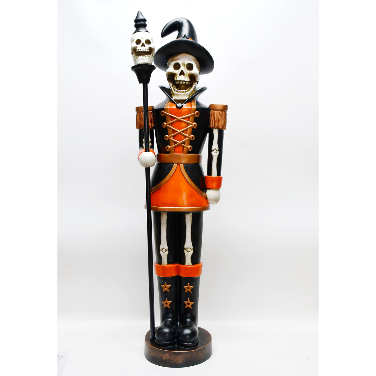 4ft Halloween Skeleton Nutcracker Orange and Black with Skull Staff and LED Lights