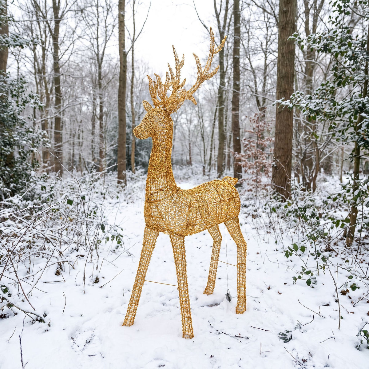 Pre-Lit Christmas Gold Curly Standing Stag 2.7m with 5200 Warm White LED Micro-Lights