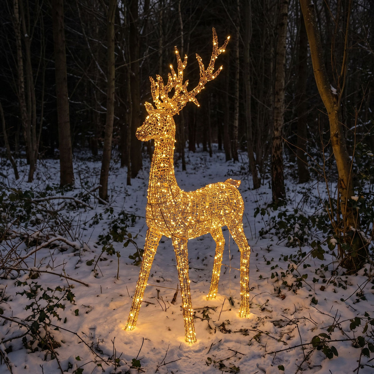 Pre-Lit Christmas Gold Curly Standing Stag 2.7m with 5200 Warm White LED Micro-Lights