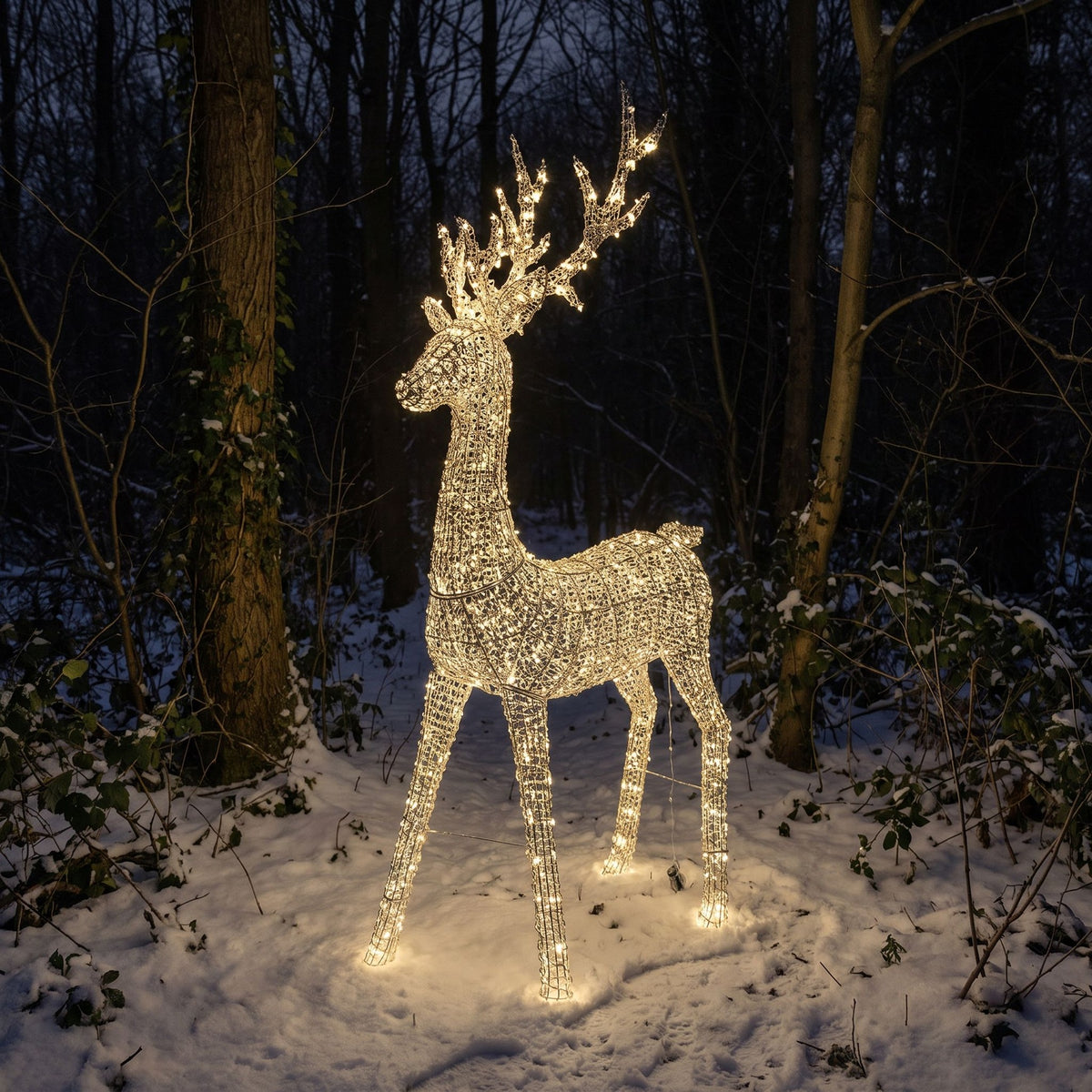 Pre-Lit Christmas Silver Curly Standing Stag 2.7m with 5200 Warm White LED Micro-Lights