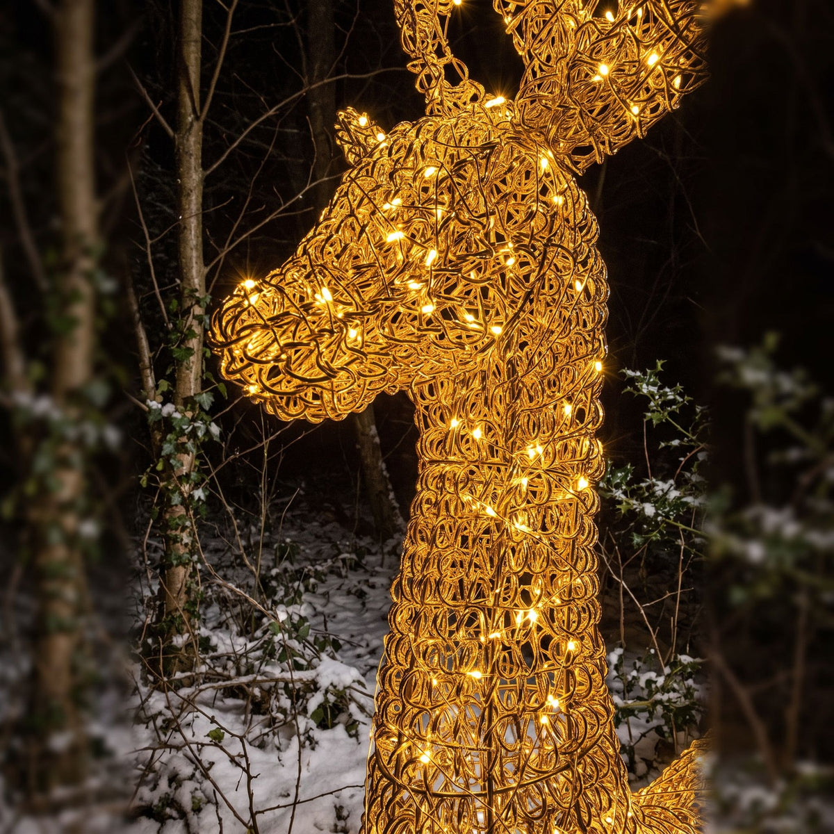 Pre-Lit Christmas Gold Curly Standing Stag 2.7m with 5200 Warm White LED Micro-Lights