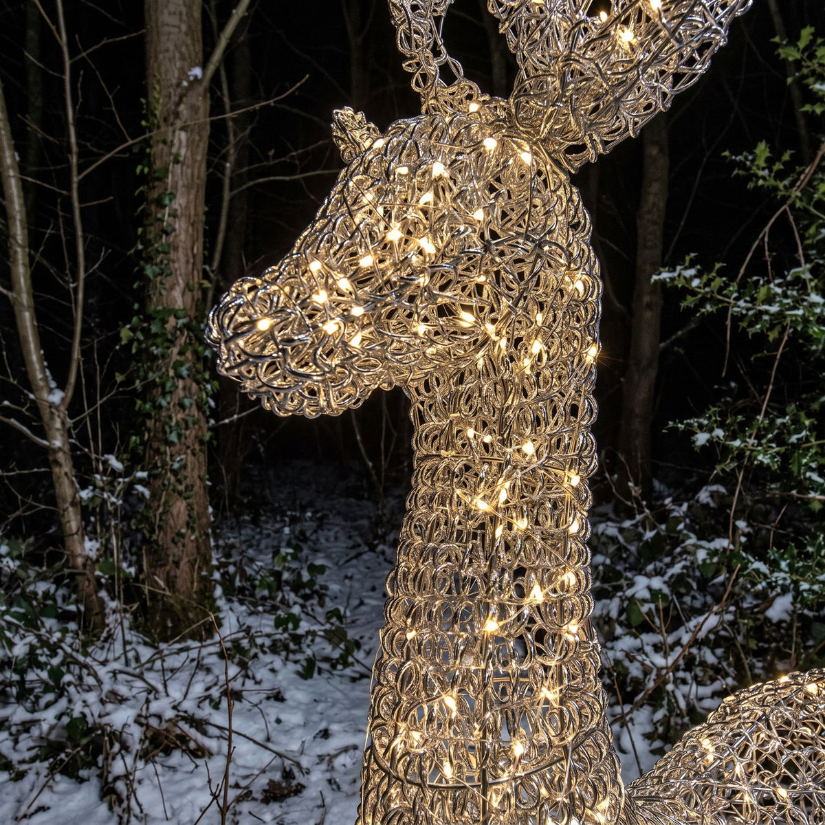 Pre-Lit Christmas Silver Curly Standing Stag 2.7m with 5200 Warm White LED Micro-Lights
