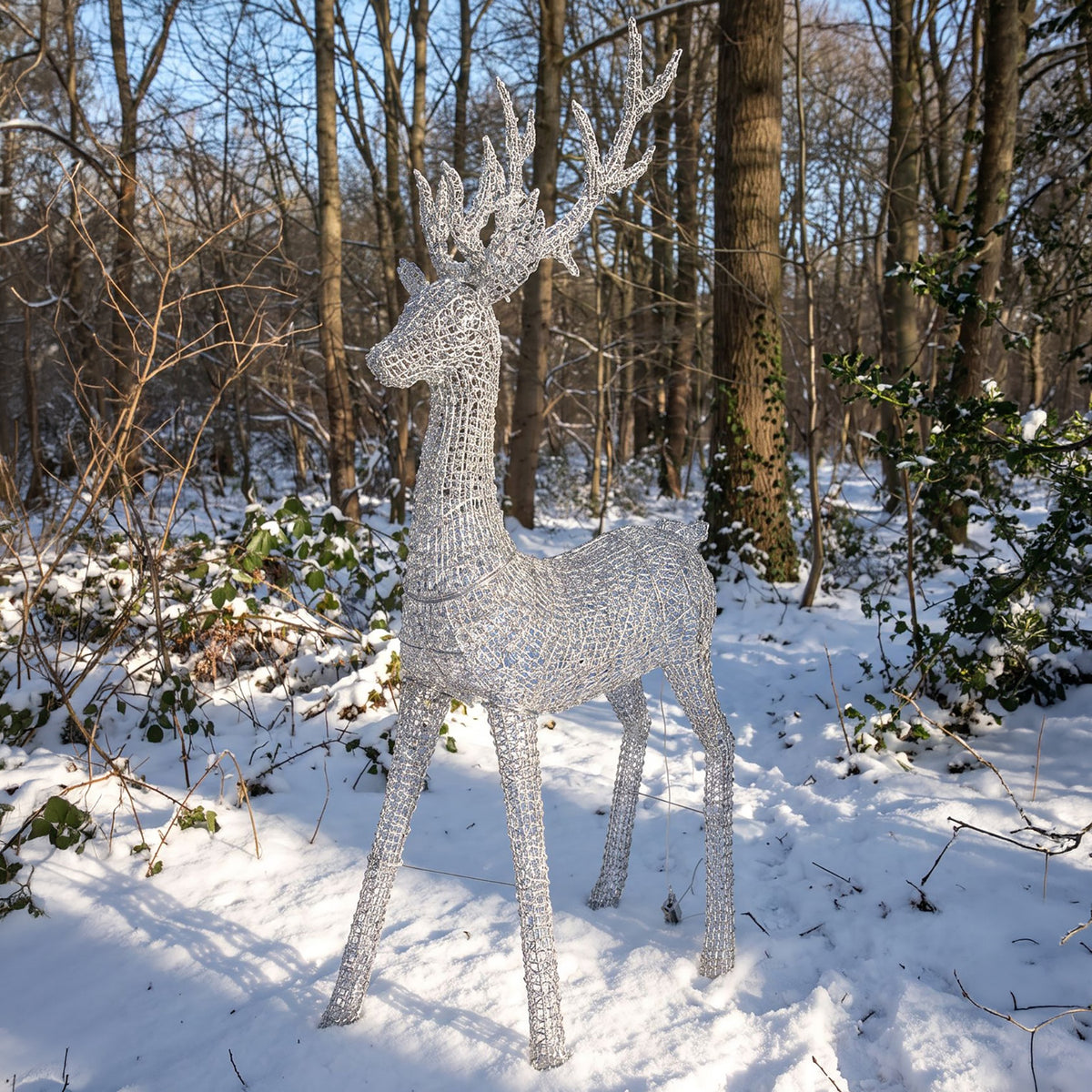 Pre-Lit Christmas Silver Curly Standing Stag 2.7m with 5200 Warm White LED Micro-Lights