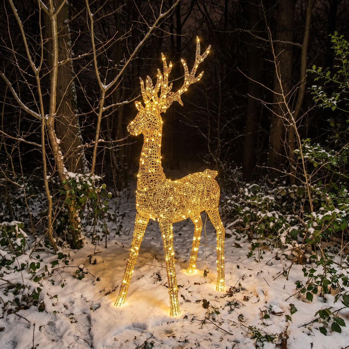 Pre-Lit Christmas Gold Curly Standing Stag 2.7m with 5200 Warm White LED Micro-Lights