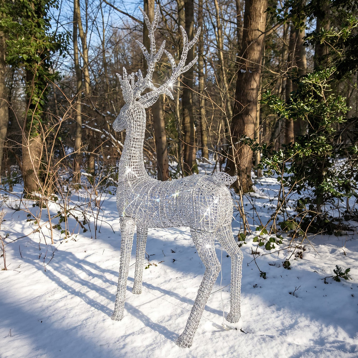 Pre-Lit Christmas Silver Curly Standing Stag 2.7m with 5200 Warm White LED Micro-Lights