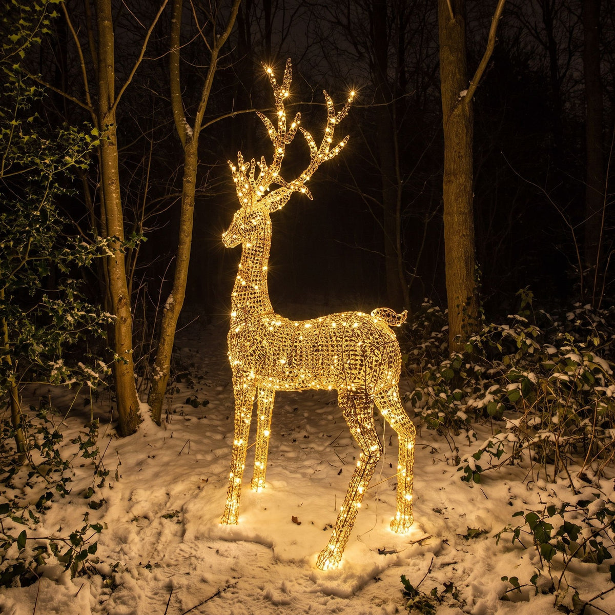 Pre-Lit Christmas Gold Curly Standing Stag 2.7m with 5200 Warm White LED Micro-Lights