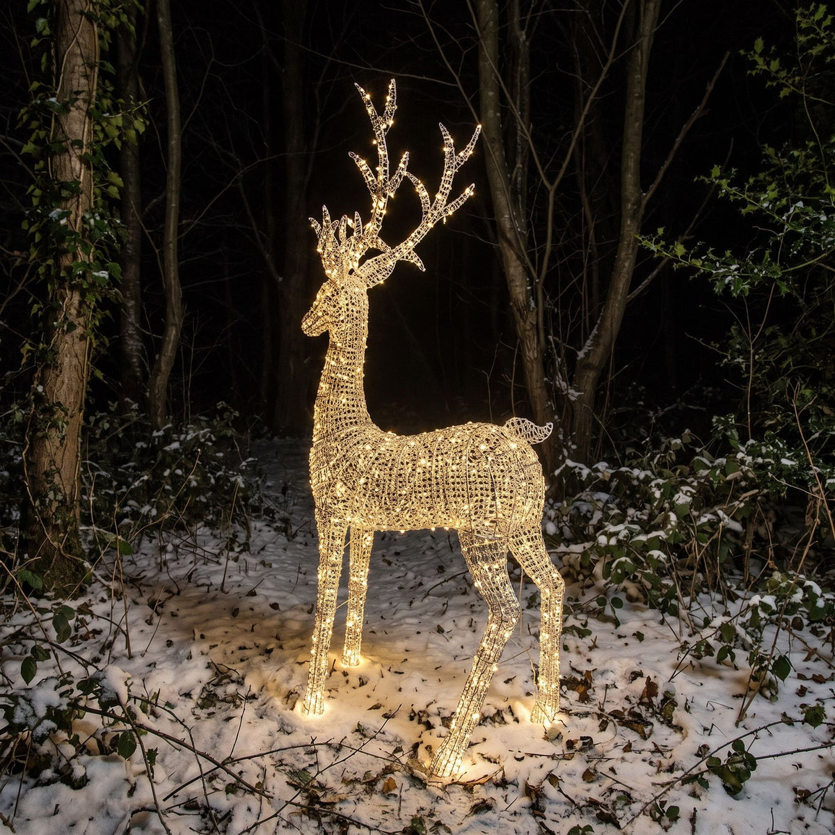 Pre-Lit Christmas Silver Curly Standing Stag 2.7m with 5200 Warm White LED Micro-Lights
