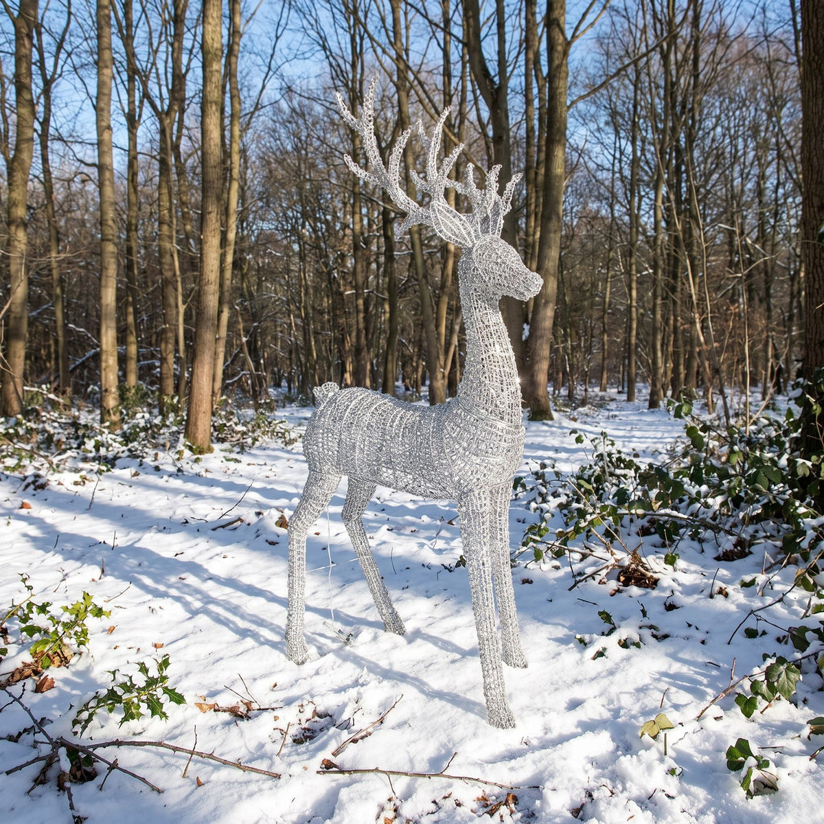 Pre-Lit Christmas Silver Curly Standing Stag 2.7m with 5200 Warm White LED Micro-Lights