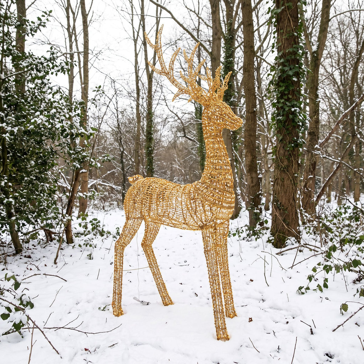 Pre-Lit Christmas Gold Curly Standing Stag 2.7m with 5200 Warm White LED Micro-Lights